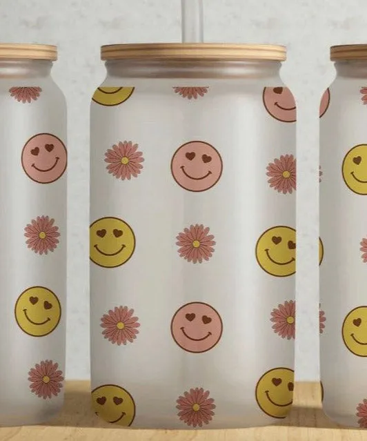 Retro Happy Face Floral 16oz Glass Tumbler by Libbey