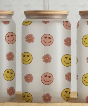 Retro Happy Face Floral 16oz Glass Tumbler by Libbey