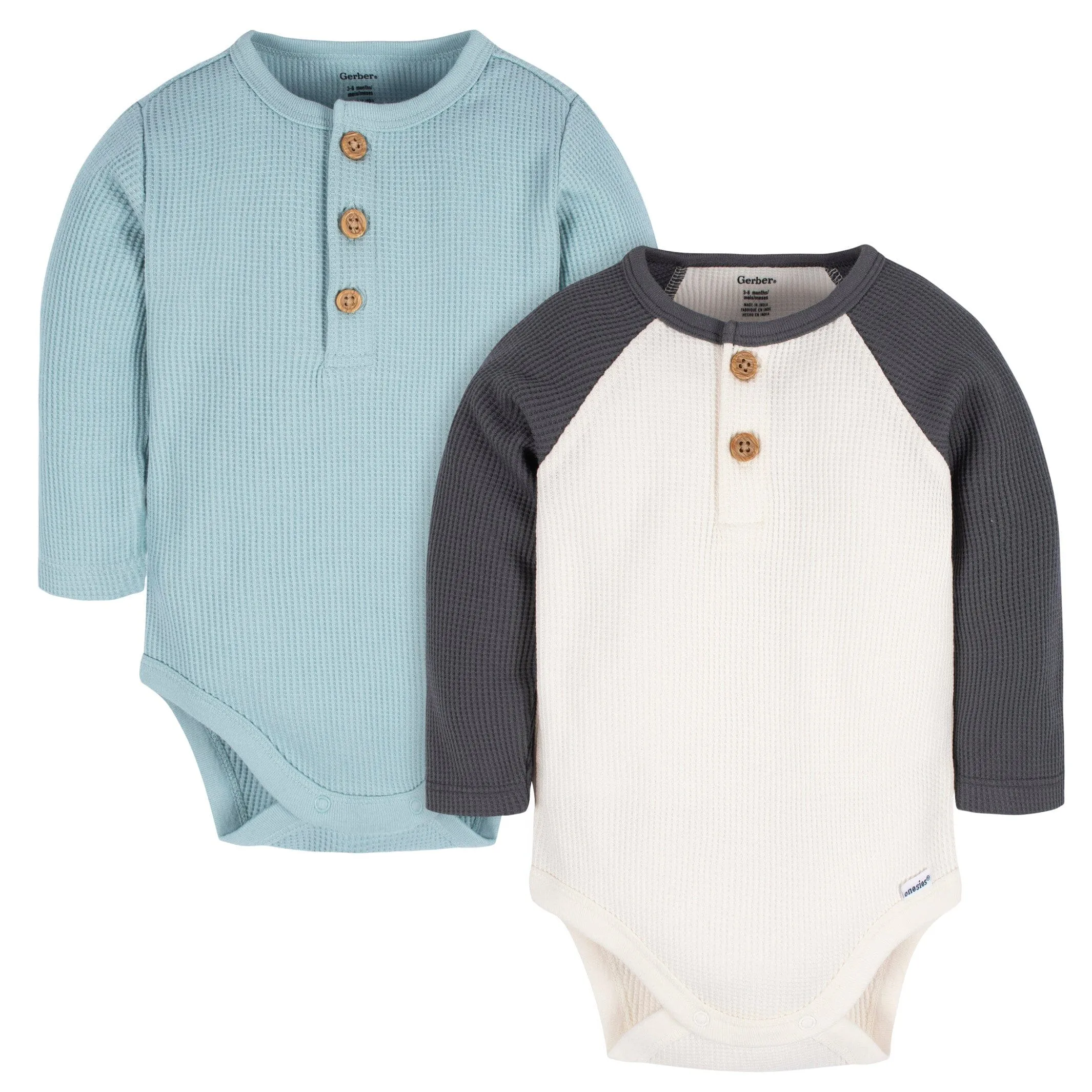 2-Pack Baby Boys Blue and Ivory Long Sleeve Henley Onesies Bodysuits