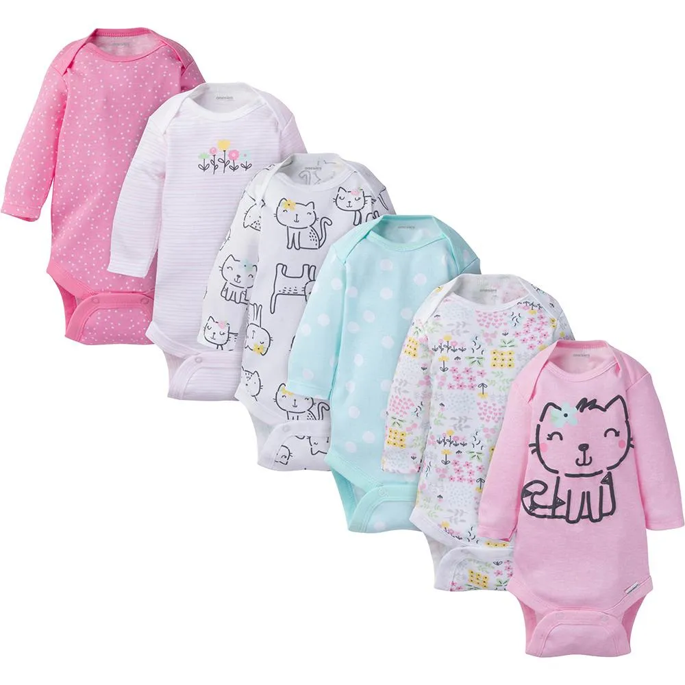 6-Pack Baby Girl Long Sleeve Kitty Brand Onesies Bodysuits