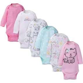 6-Pack Baby Girl Long Sleeve Kitty Brand Onesies Bodysuits