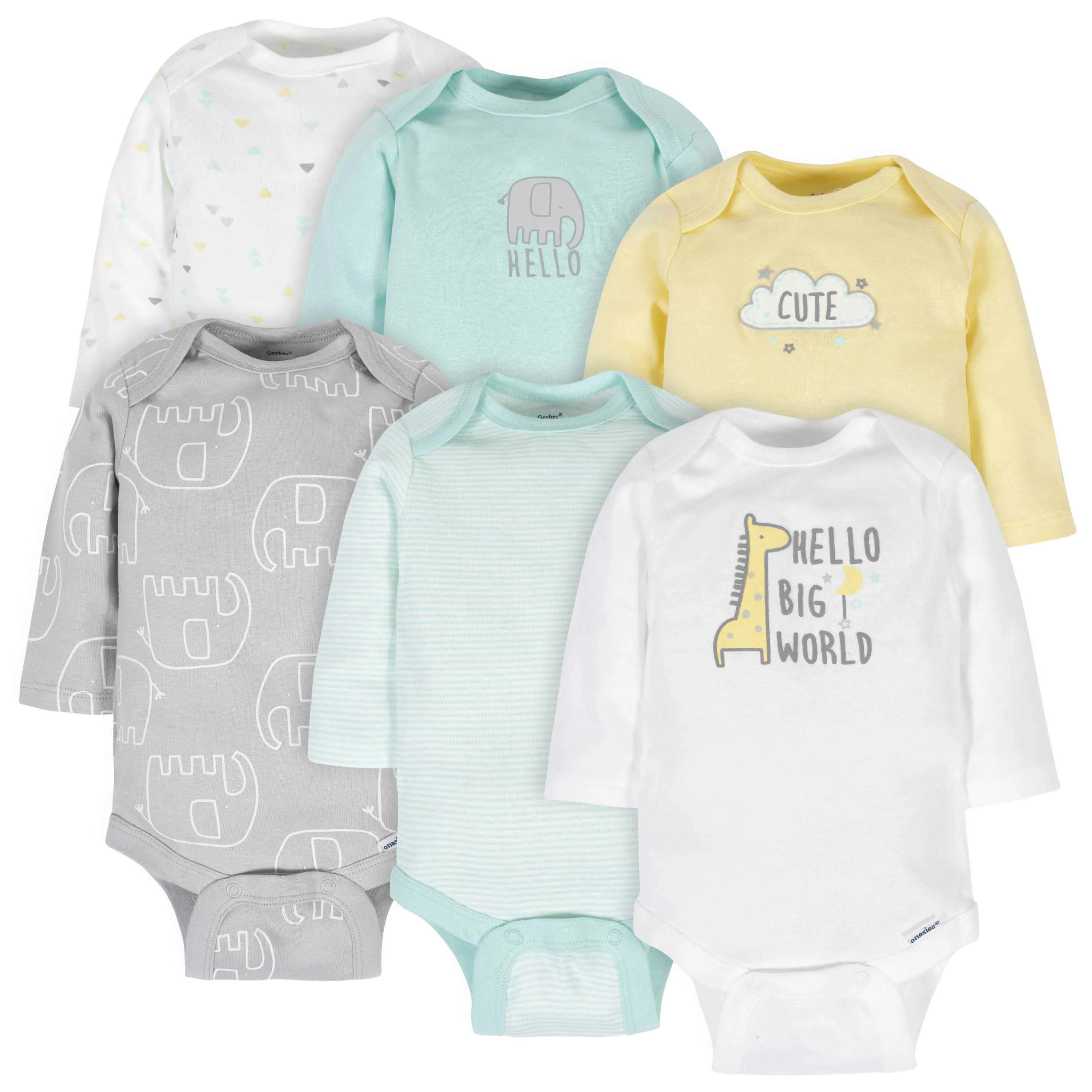 6-Pack Baby Neutral Animals Long Sleeve Onesies