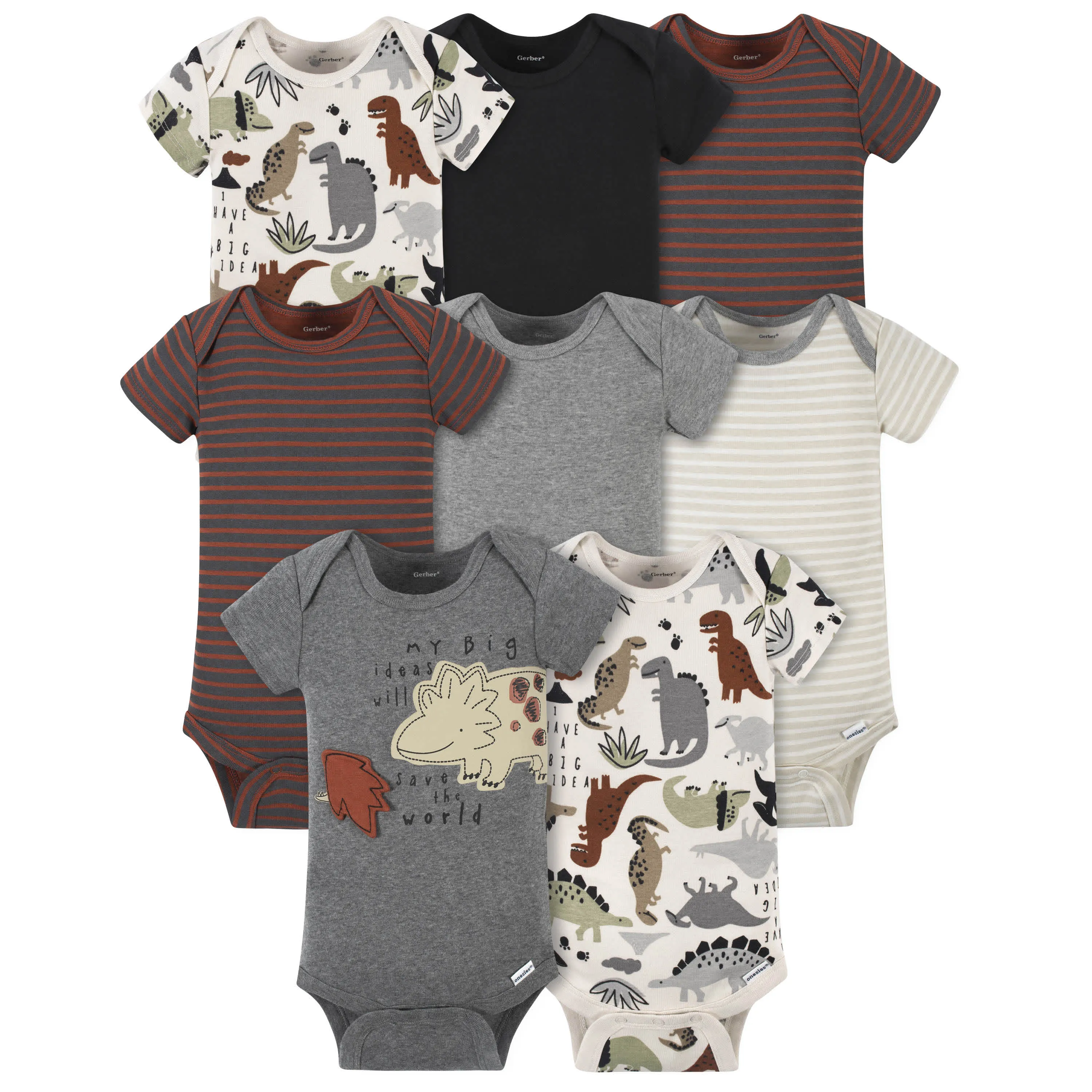 8-Pack Baby Boys Dino Short Sleeve Onesies Bodysuits