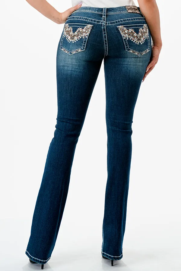 Mid Rise Bootcut Jeans with Aztec Embellishment Detail