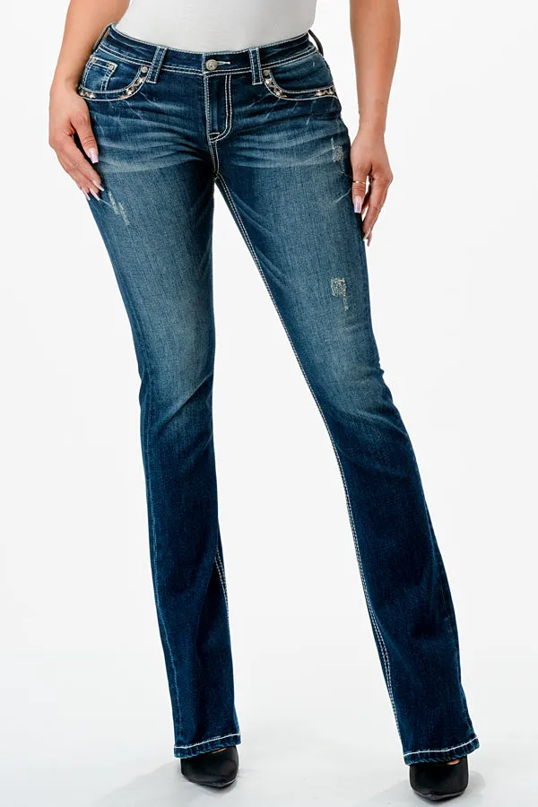 Mid Rise Bootcut Jeans with Aztec Embellishment Detail