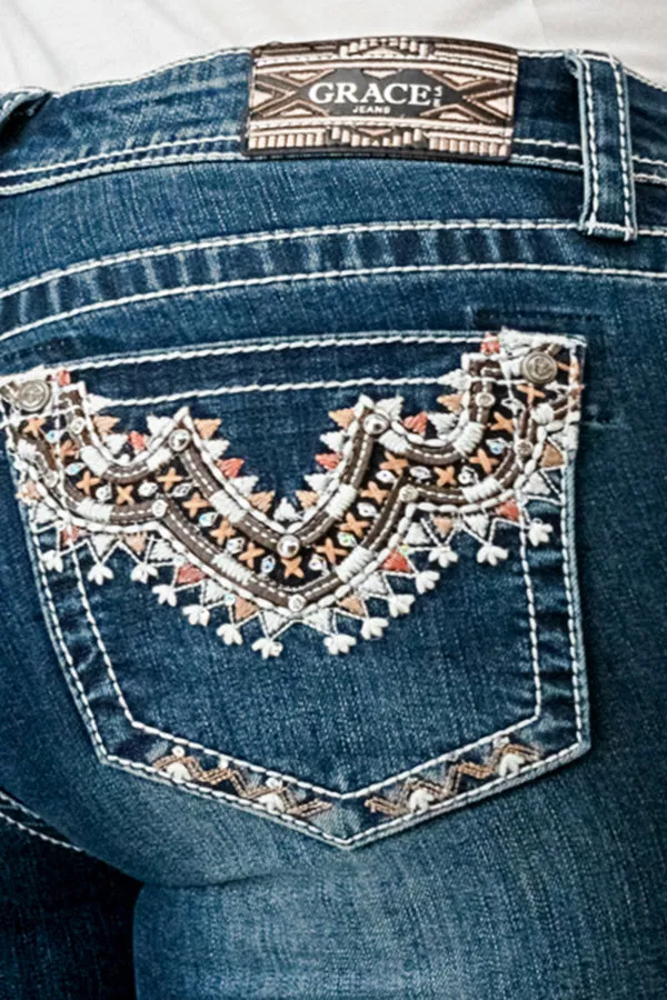 Mid Rise Bootcut Jeans with Aztec Embellishment Detail