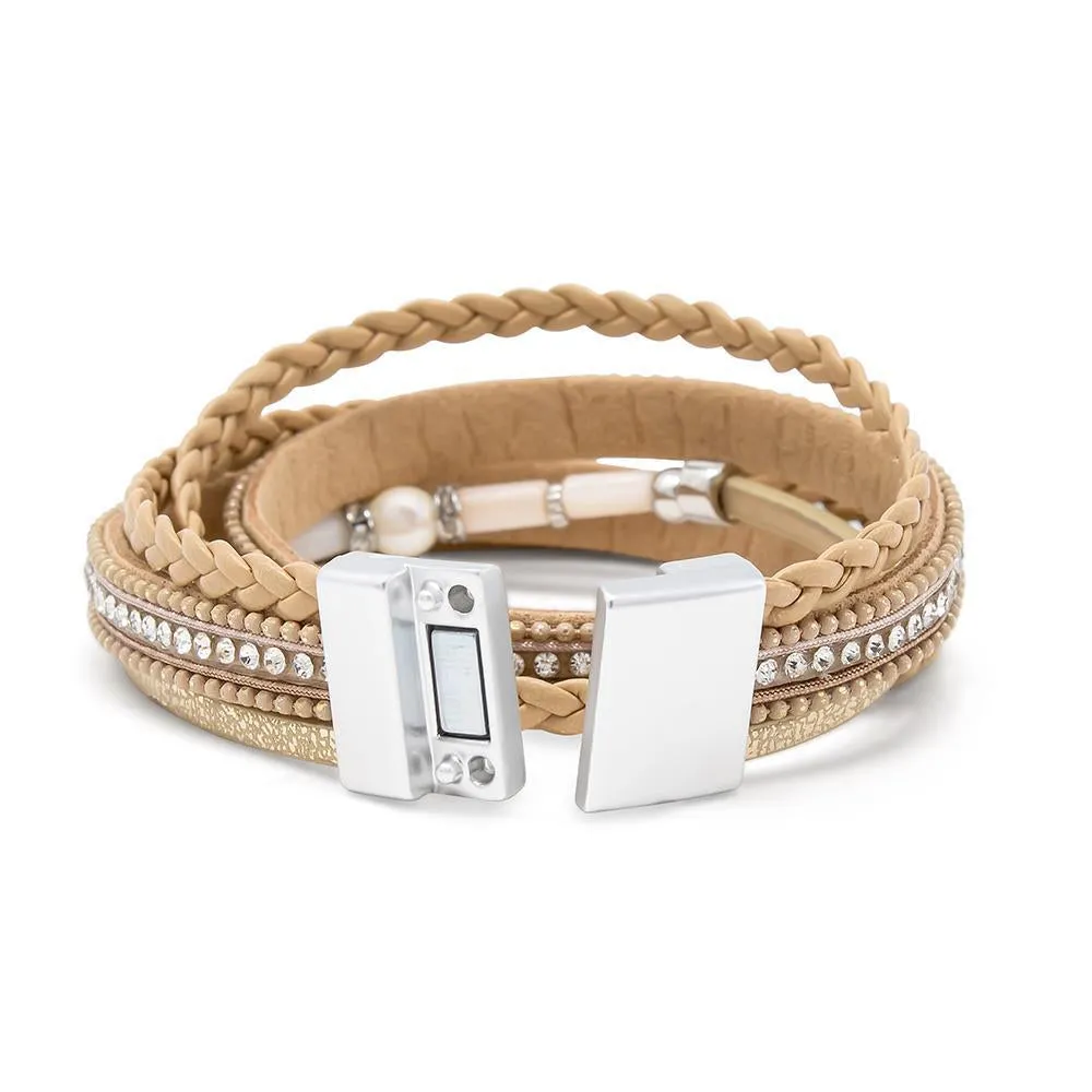 Beige Leather Wrap Bracelet with Pearl Station