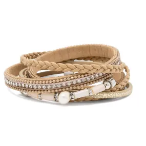 Beige Leather Wrap Bracelet with Pearl Station