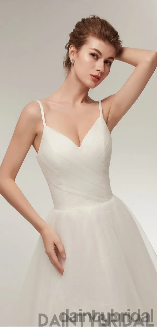 White V-neck Spaghetti Strap Lace-up Back Tulle Wedding Dress