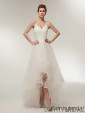 White V-neck Spaghetti Strap Lace-up Back Tulle Wedding Dress