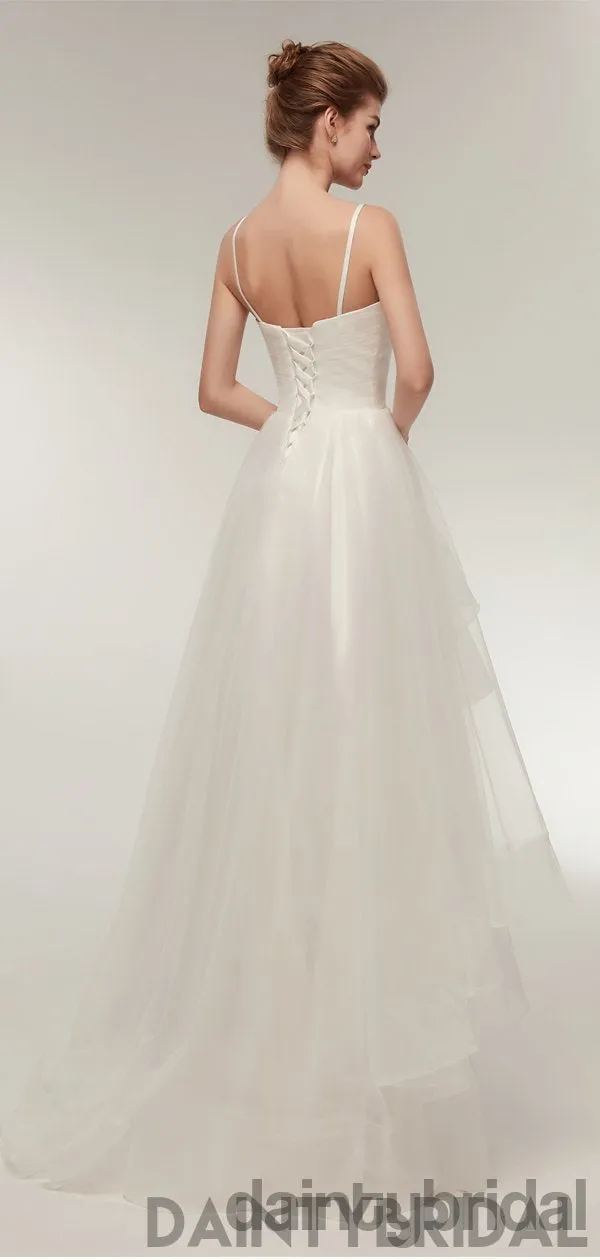 White V-neck Spaghetti Strap Lace-up Back Tulle Wedding Dress