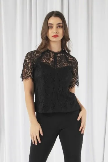 Double Second Black Raglan Sleeve Lace Top