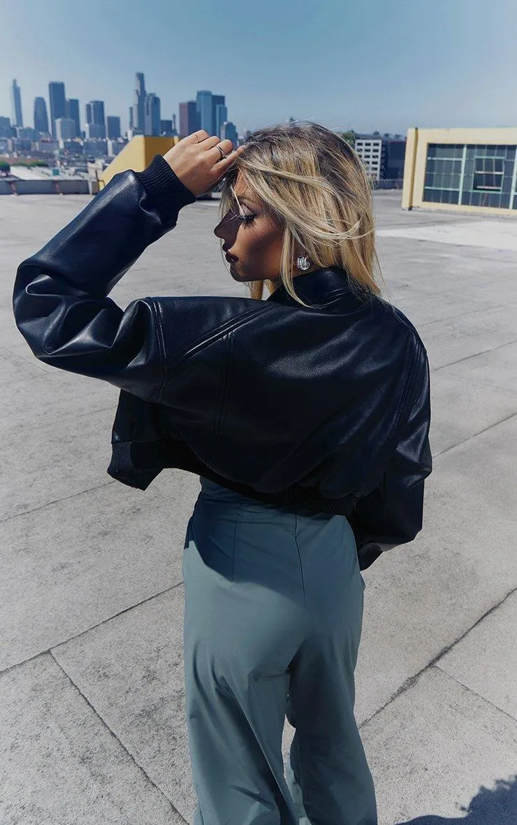 PrettyLittleThing Black Shoulder Padded Cropped Bomber Jacket