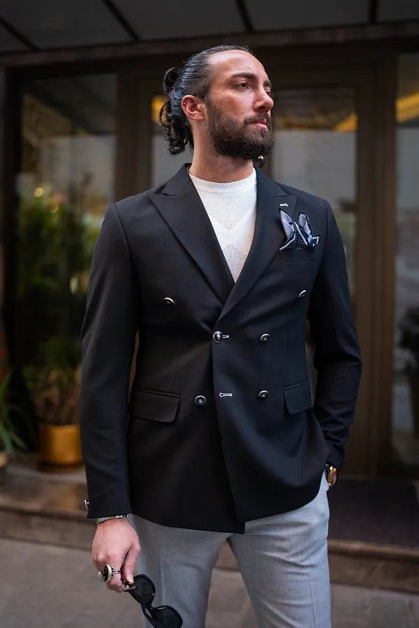 Black Slim Fit Double Breasted Blazer by Brabion Lance