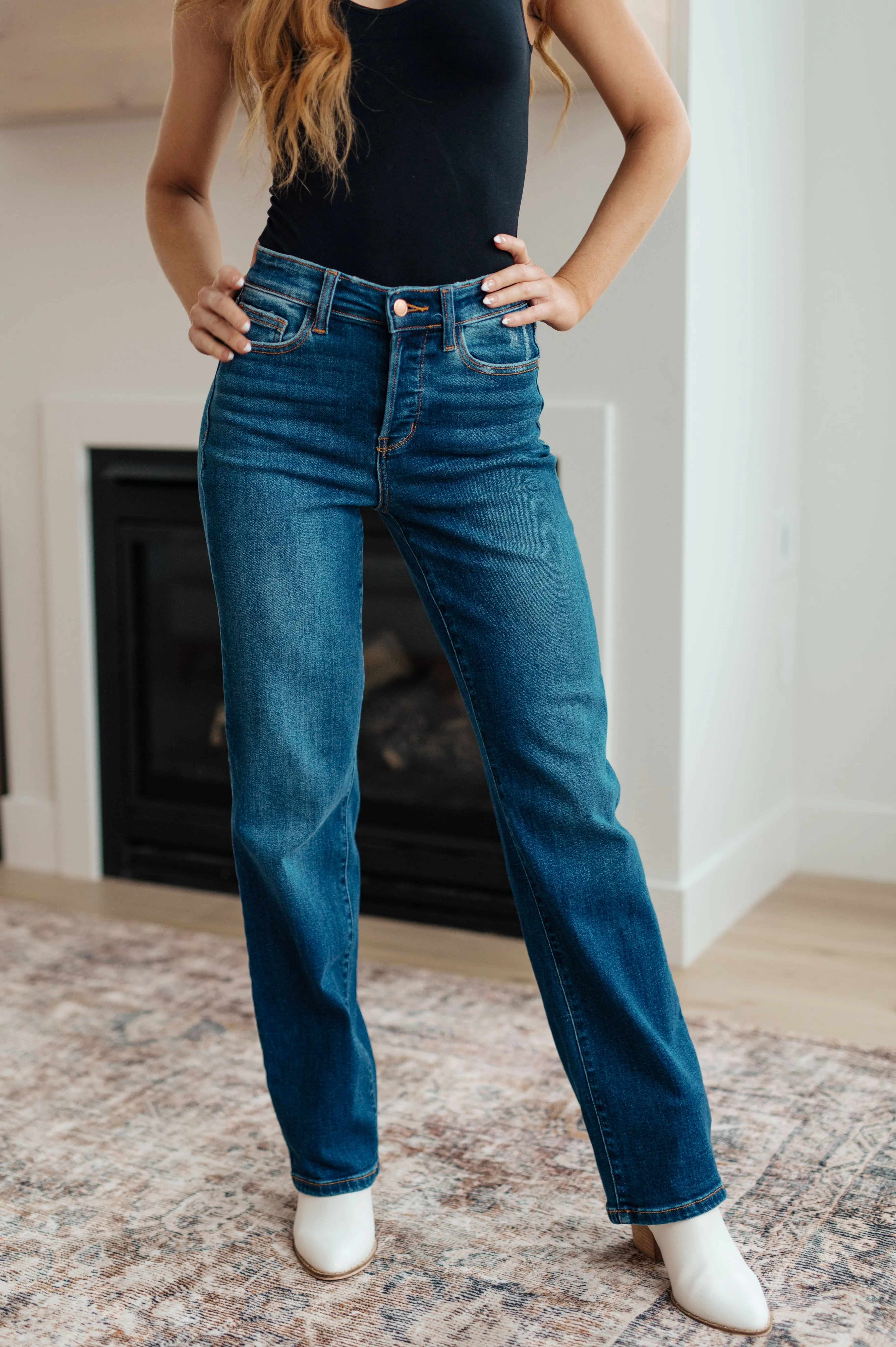 High Rise Button Fly Straight Jeans