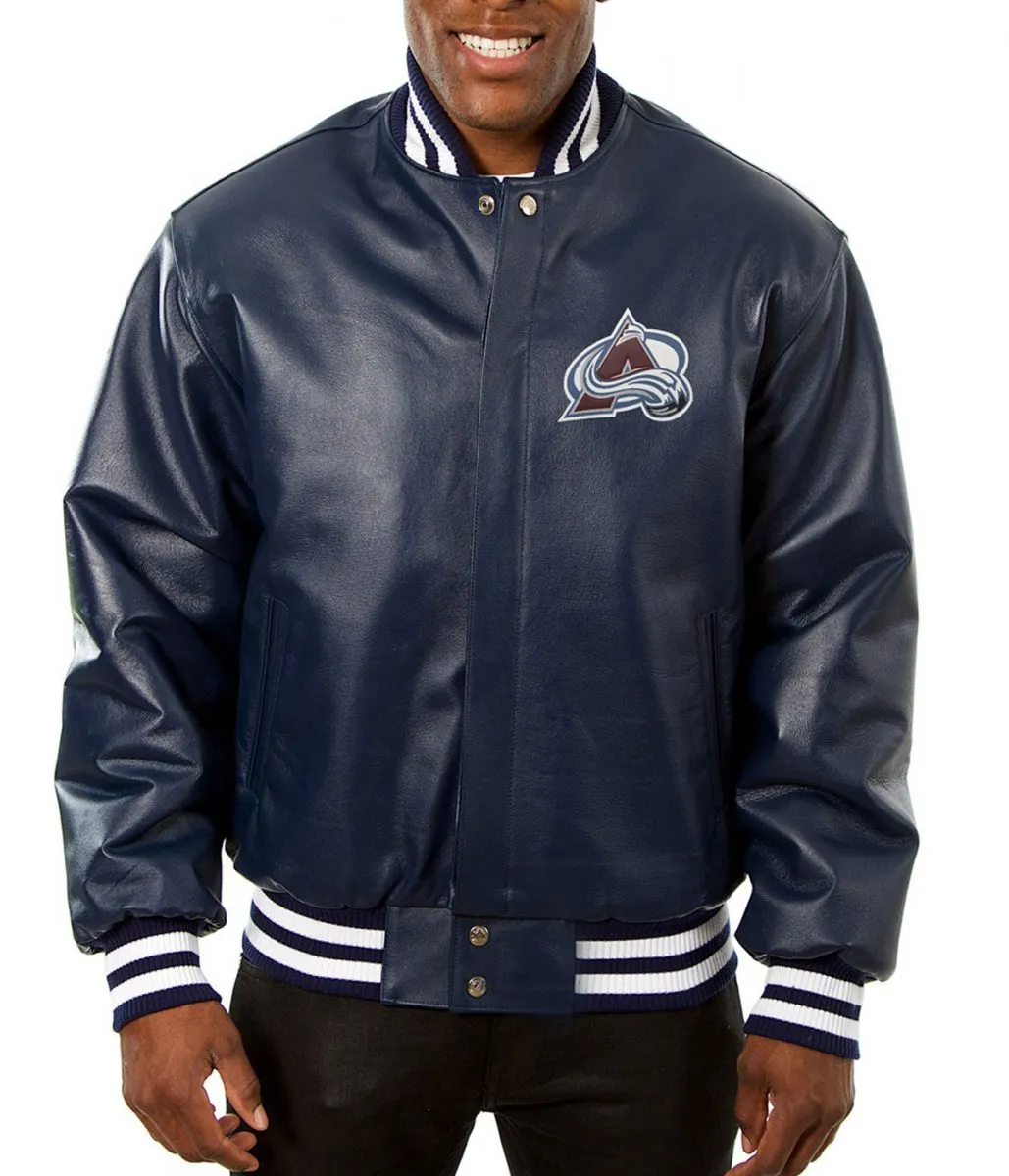 Colorado Avalanche Navy Blue Leather Bomber Jacket