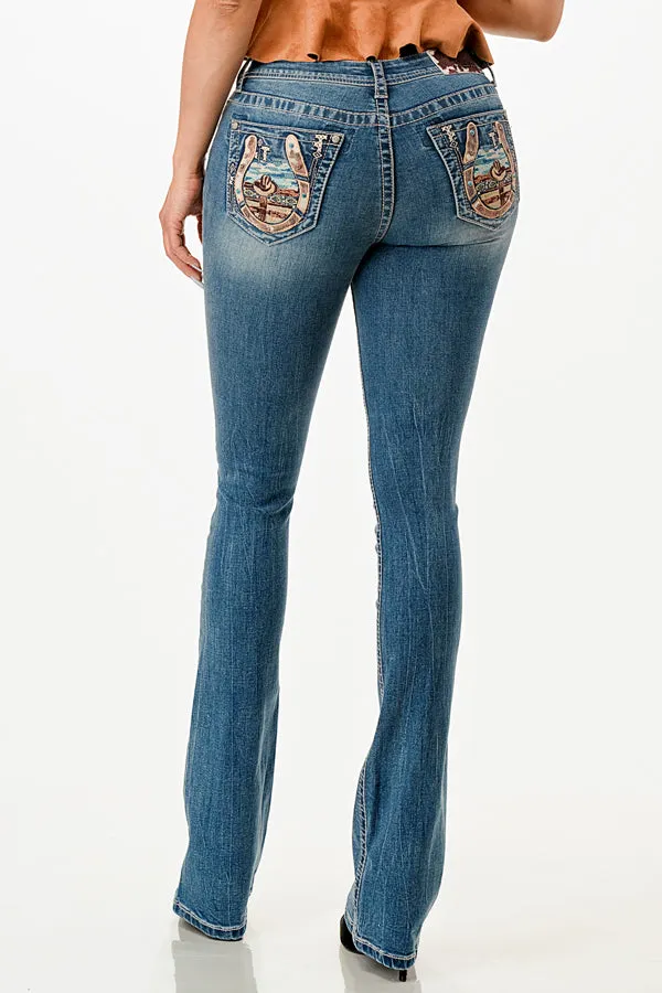 Mid Rise Bootcut Jeans with Horse Shoe and Country View Design