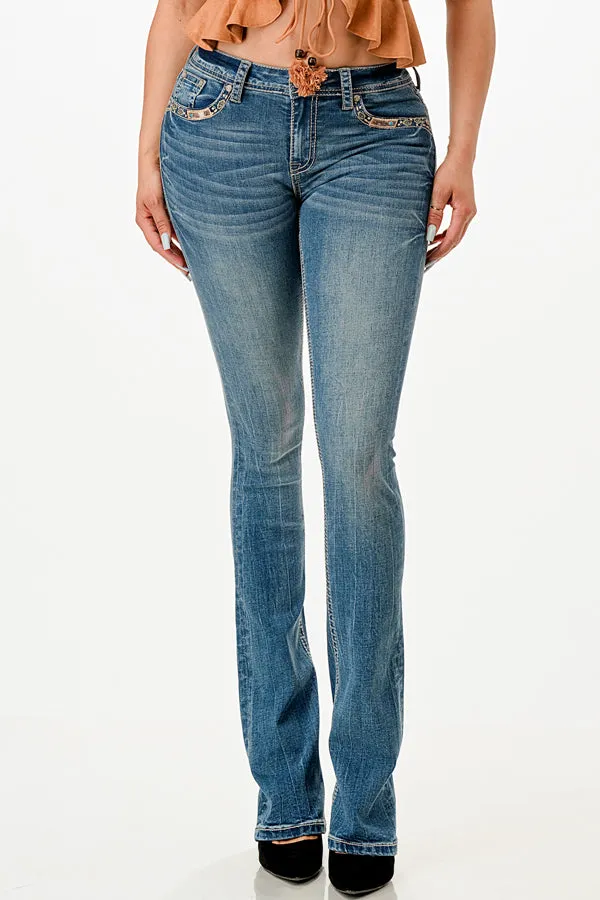 Mid Rise Bootcut Jeans with Horse Shoe and Country View Design