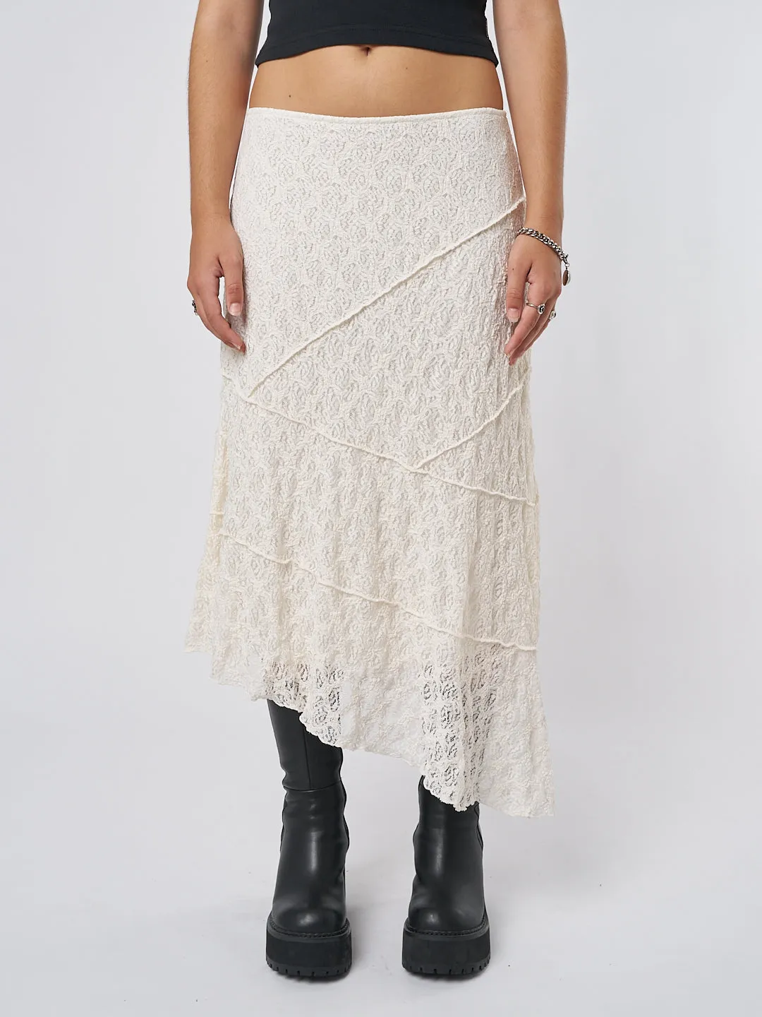 Cream Asymmetric Midi Skirt with Lace by Nolia