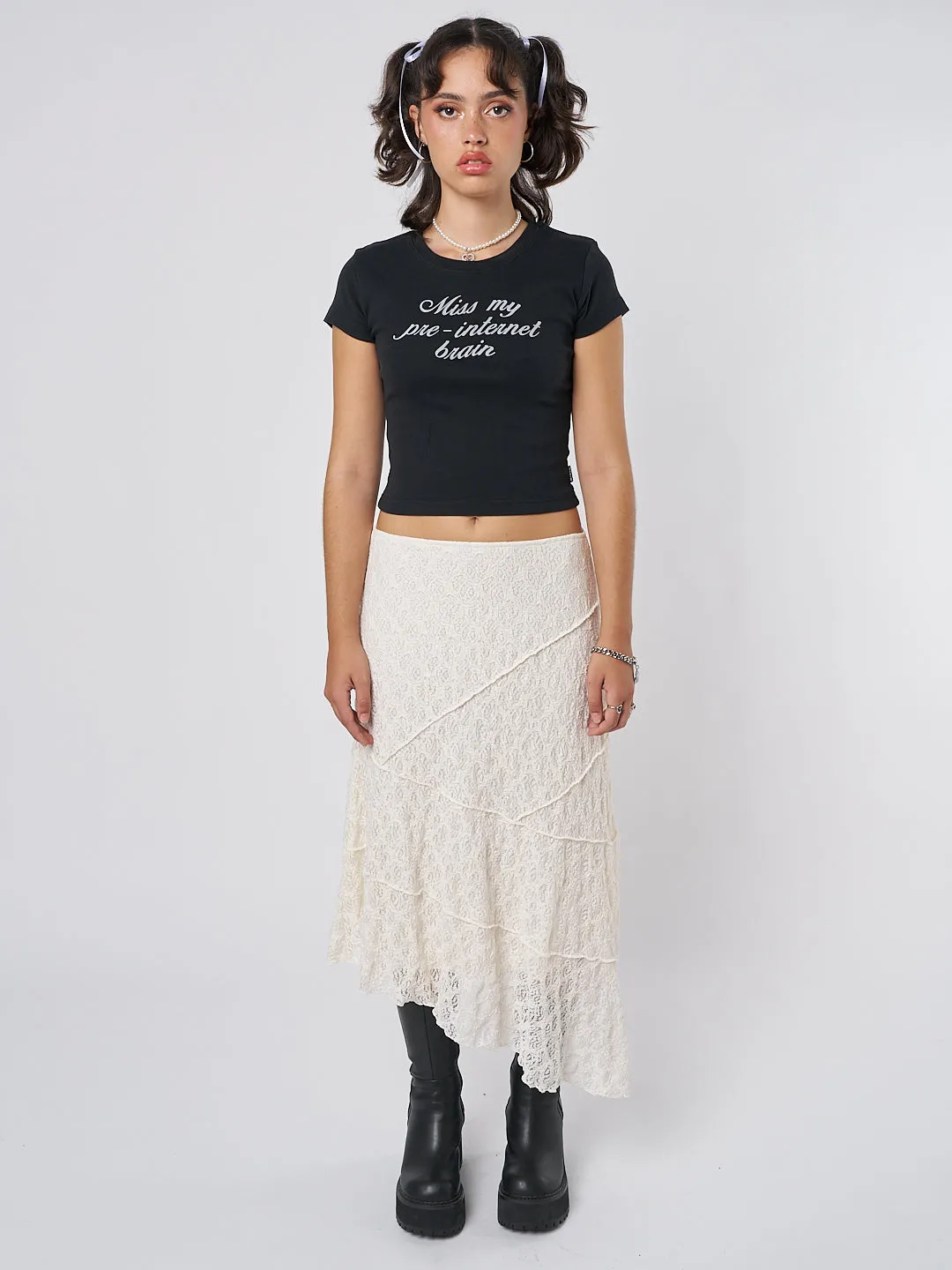 Cream Asymmetric Midi Skirt with Lace by Nolia