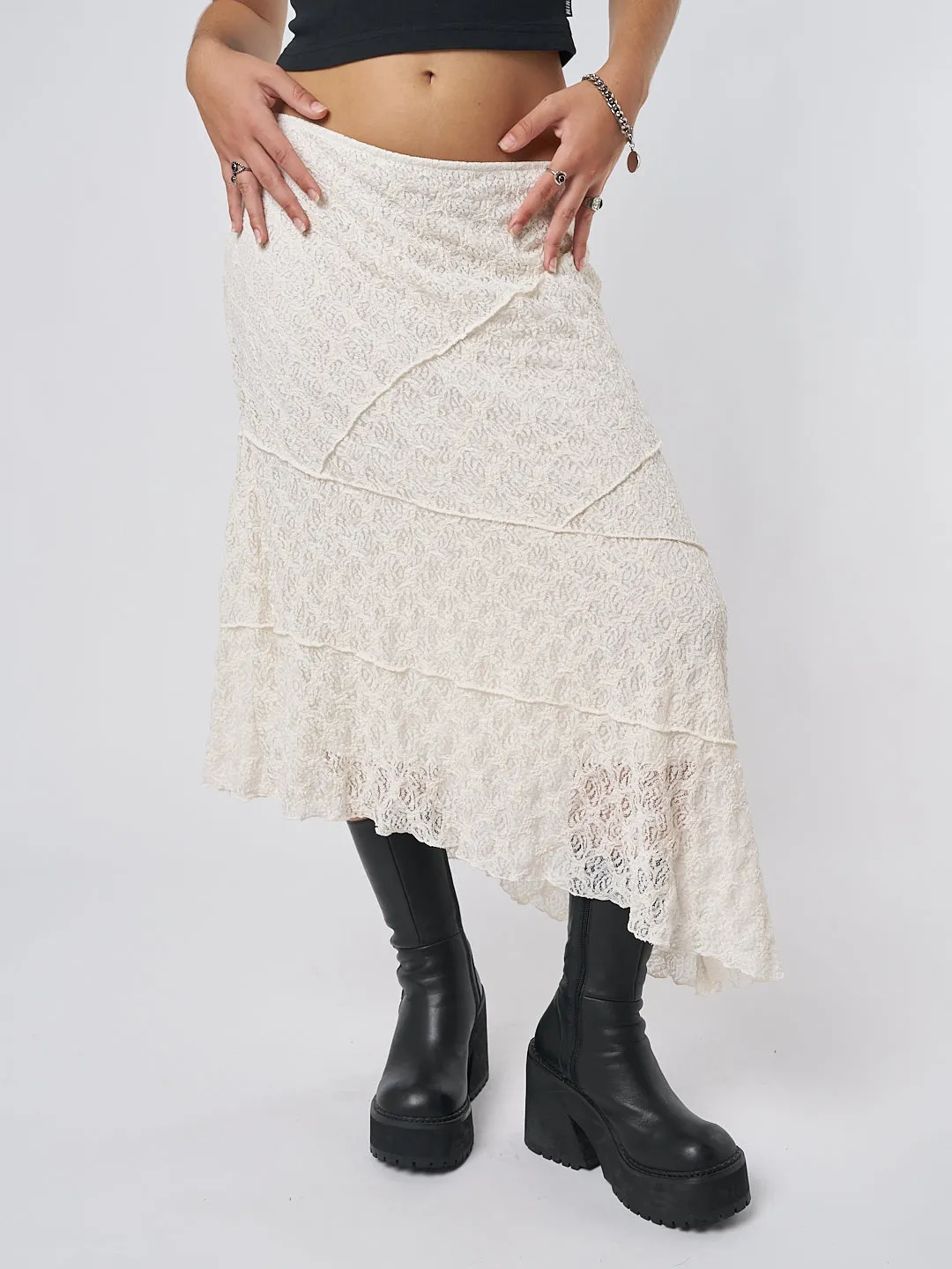 Cream Asymmetric Midi Skirt with Lace by Nolia