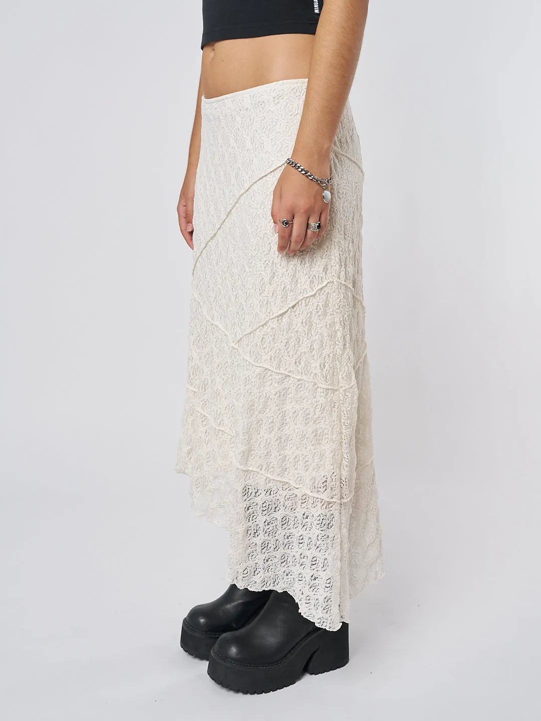 Cream Asymmetric Midi Skirt with Lace by Nolia