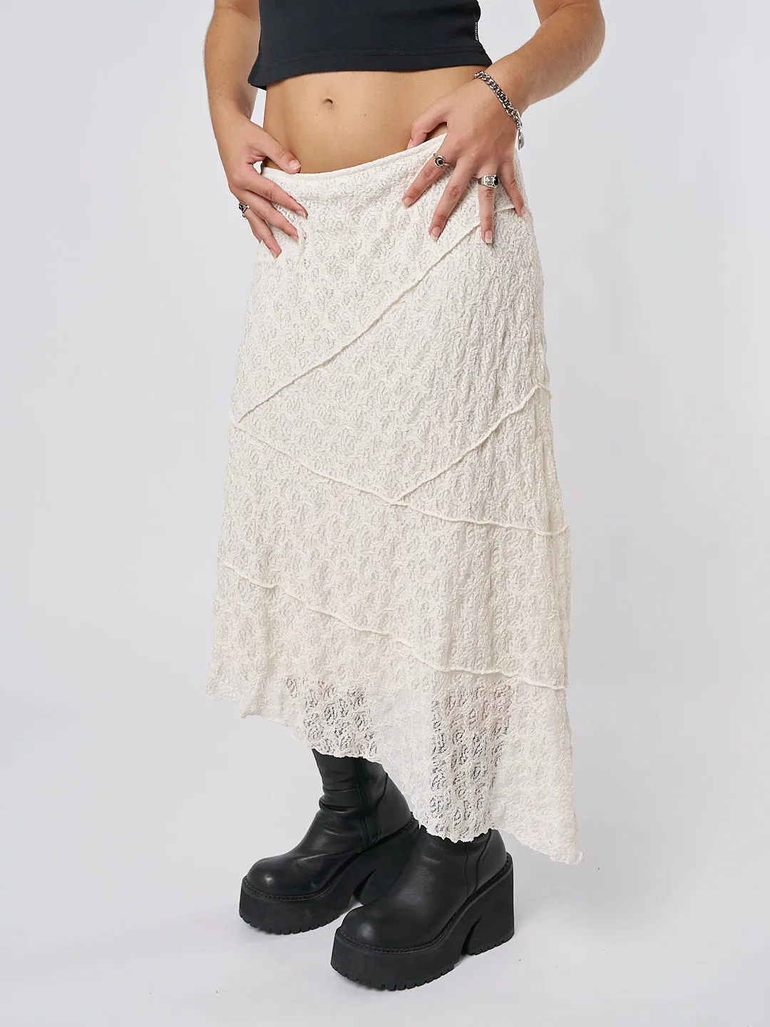 Cream Asymmetric Midi Skirt with Lace by Nolia