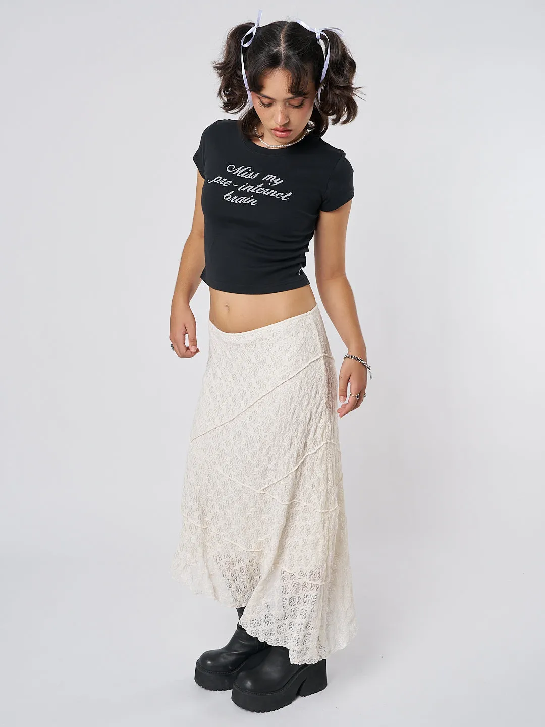 Cream Asymmetric Midi Skirt with Lace by Nolia