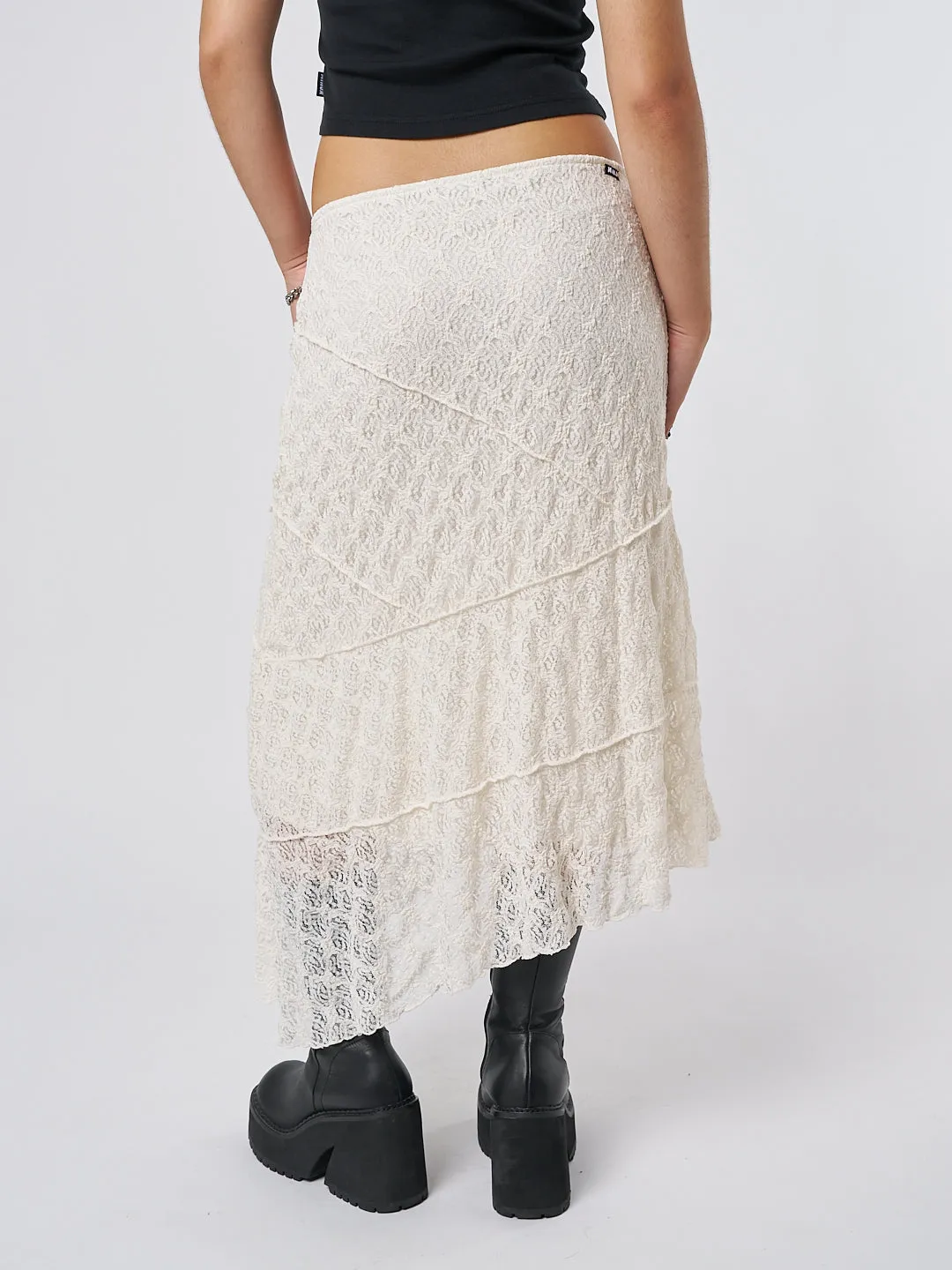 Cream Asymmetric Midi Skirt with Lace by Nolia