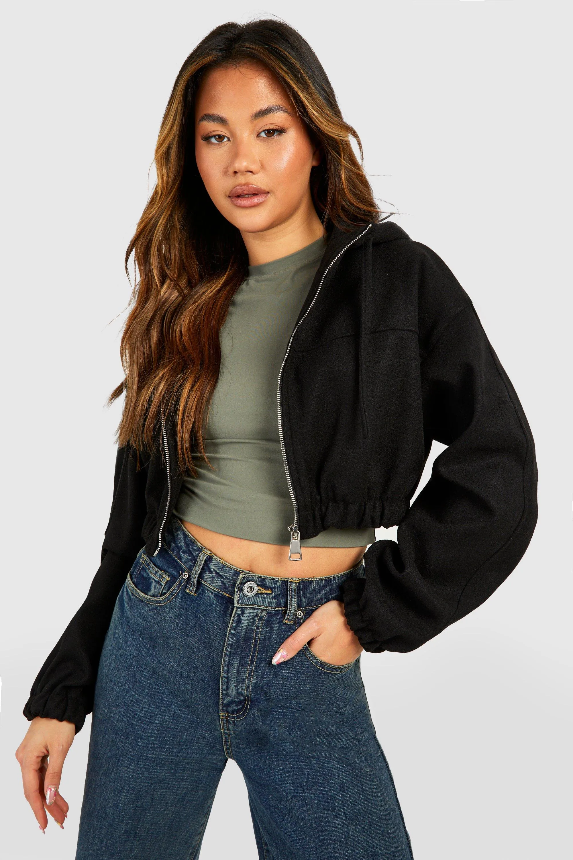 boohoo Cropped Hooded Wool Look Bomber Jacket