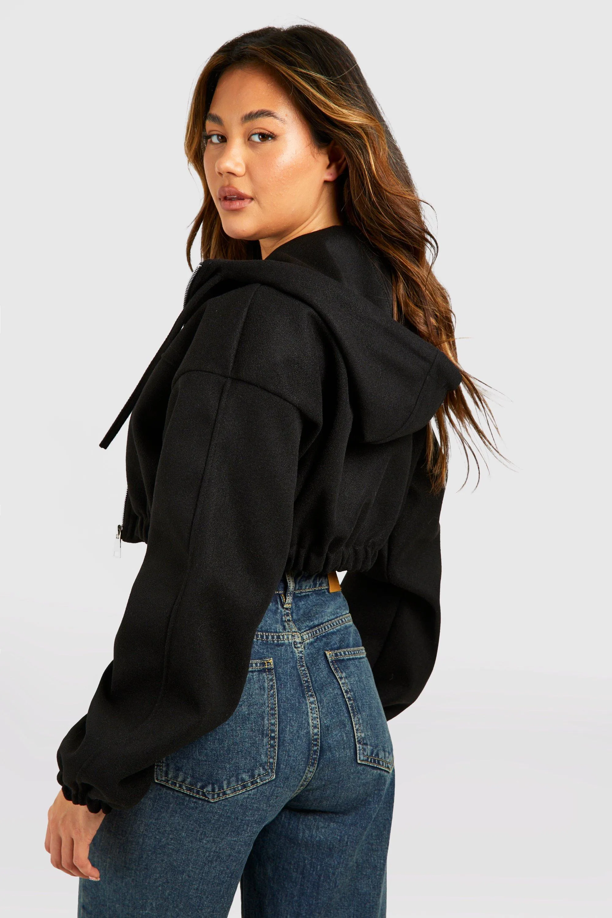 boohoo Cropped Hooded Wool Look Bomber Jacket