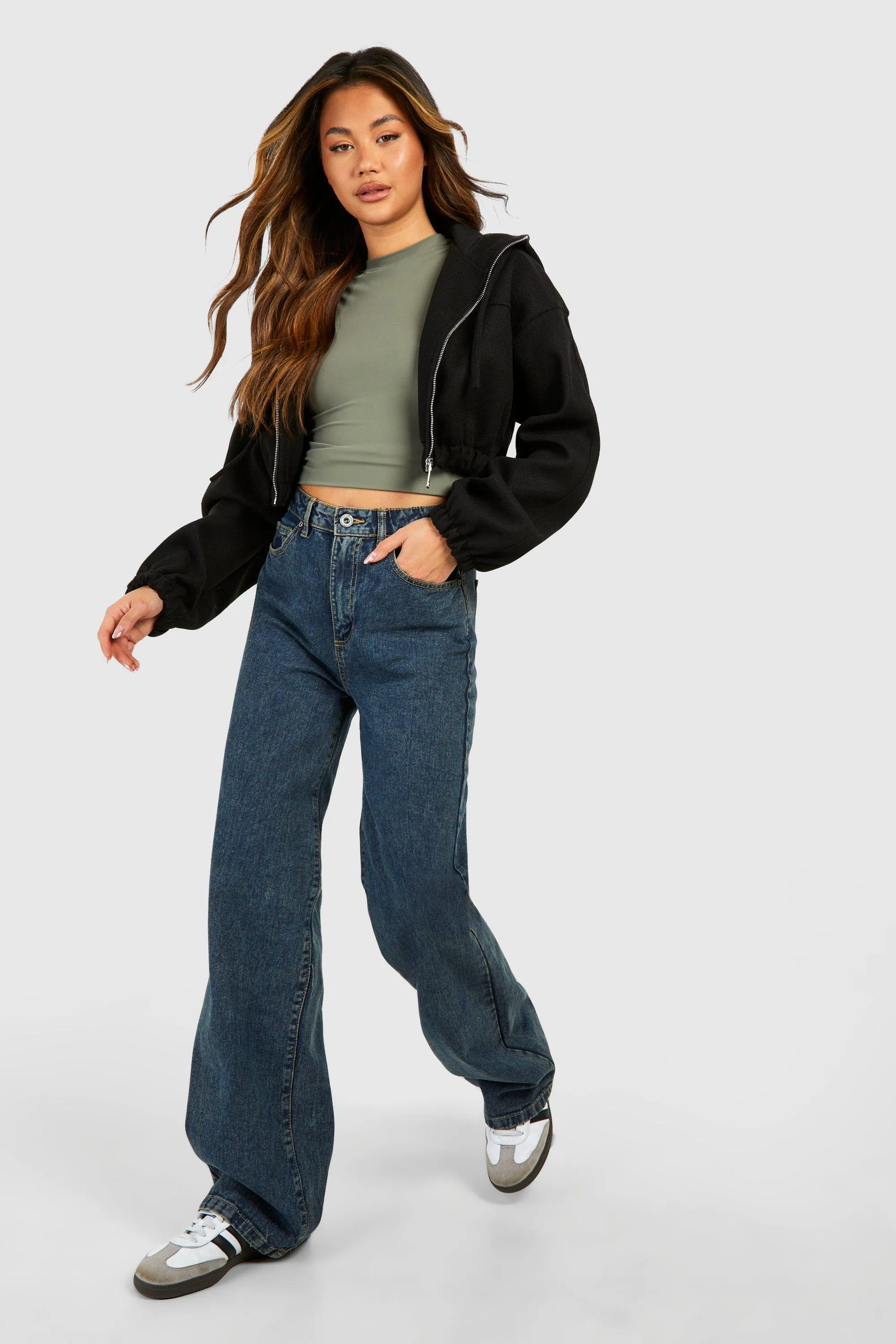 boohoo Cropped Hooded Wool Look Bomber Jacket