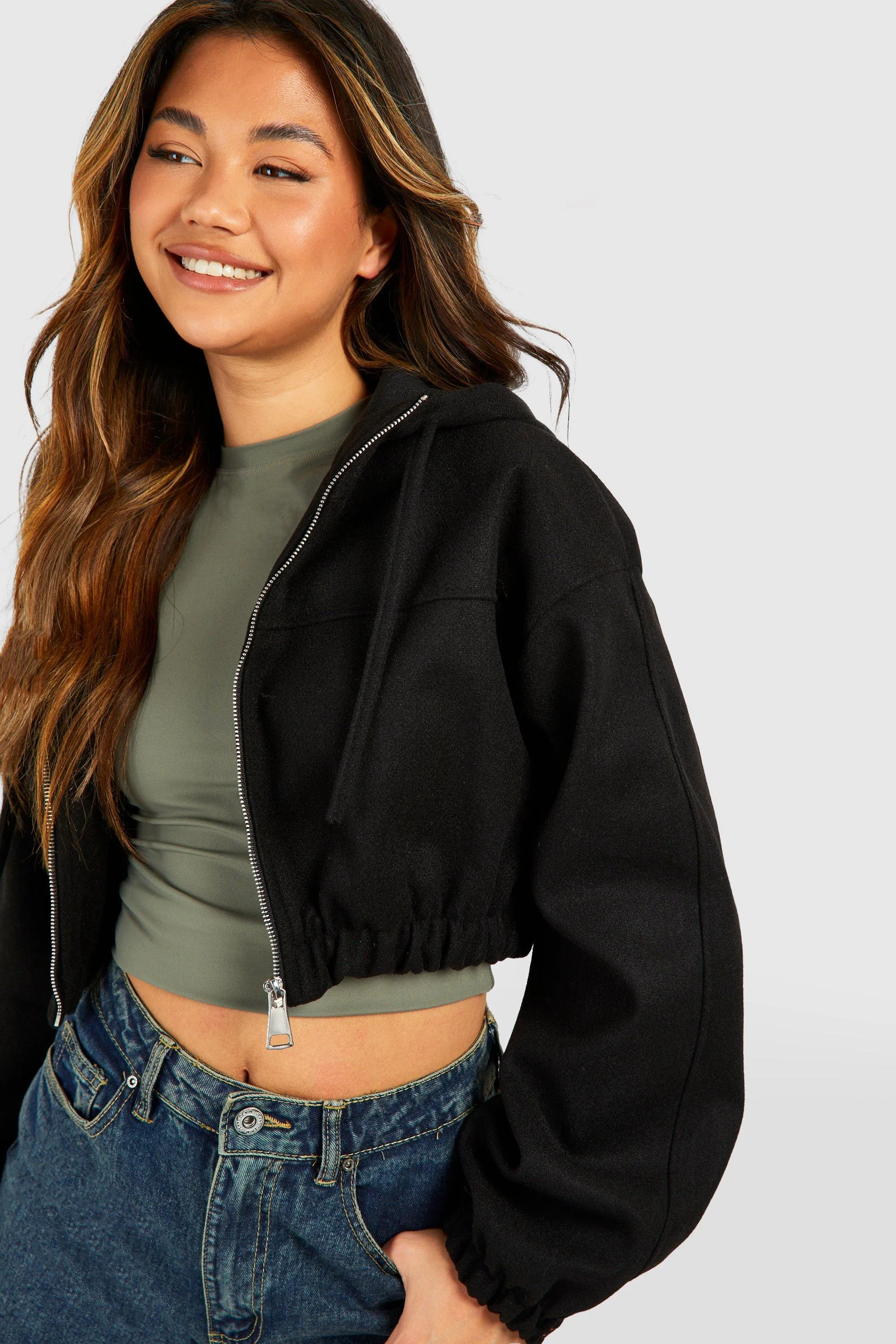 boohoo Cropped Hooded Wool Look Bomber Jacket