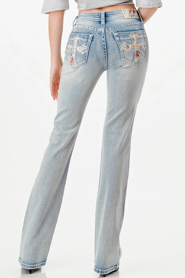 Mid Rise Bootcut Jeans with Cow Hide Trim featuring Cross Design