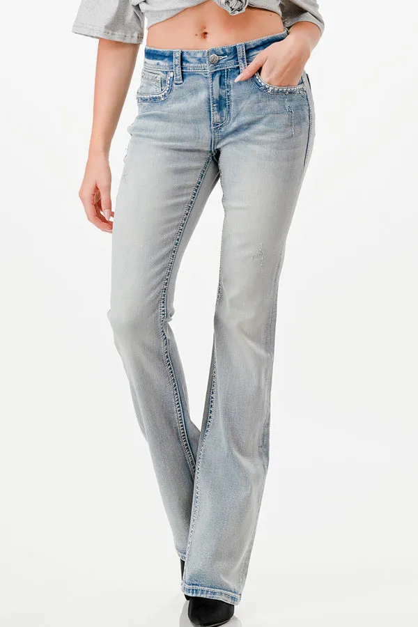 Mid Rise Bootcut Jeans with Cow Hide Trim featuring Cross Design