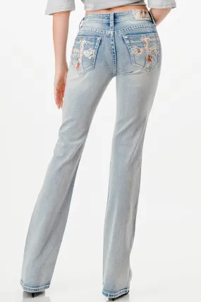 Mid Rise Bootcut Jeans with Cow Hide Trim featuring Cross Design