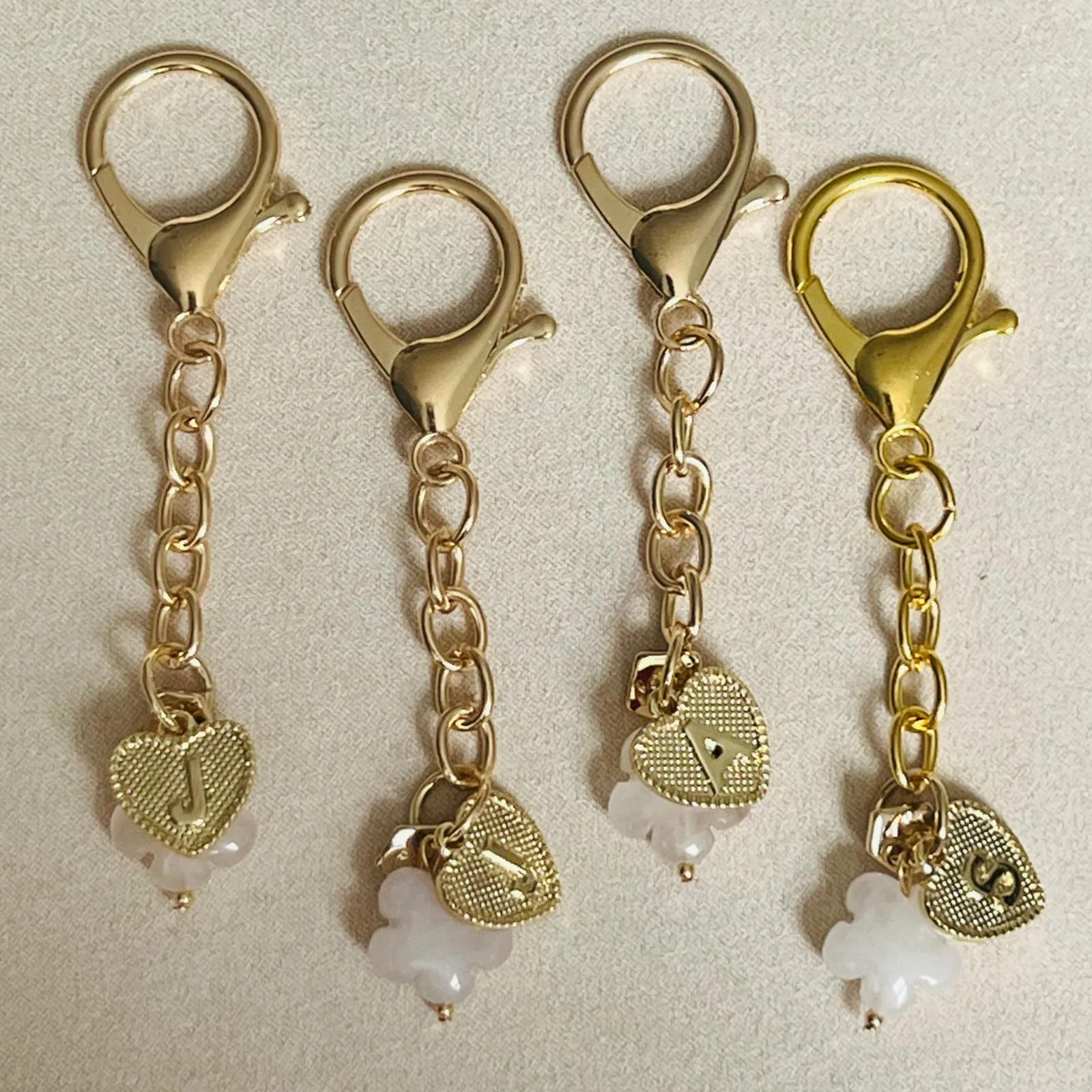 Rose Quartz Flower and Heart Letter Bag Charm Key Ring