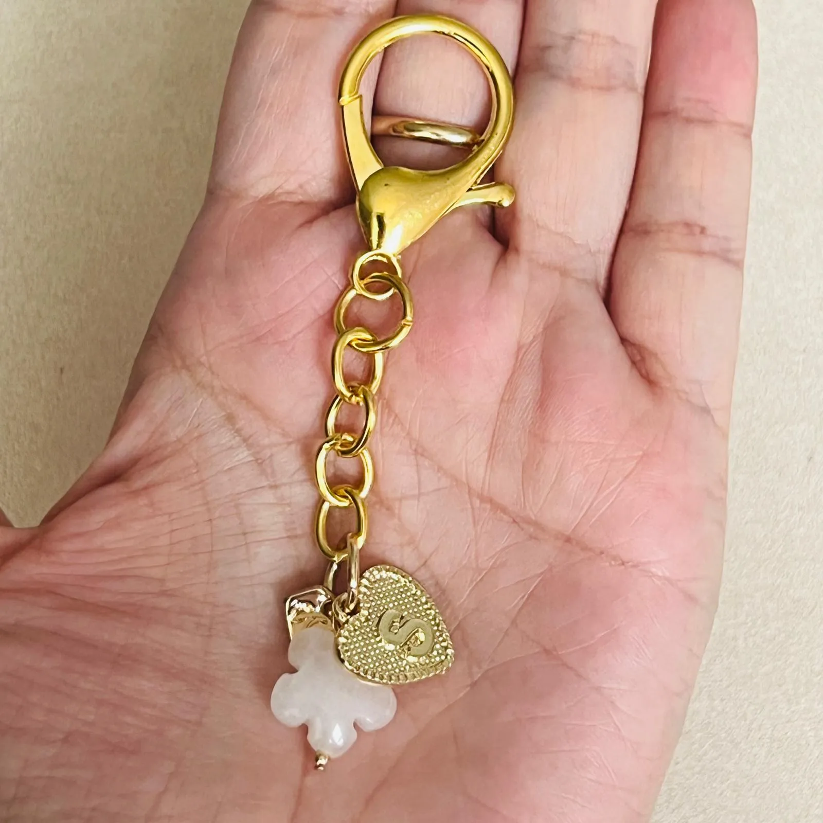 Rose Quartz Flower and Heart Letter Bag Charm Key Ring