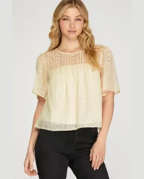 Elegant Woven Lace Top with Flutter Sleeves