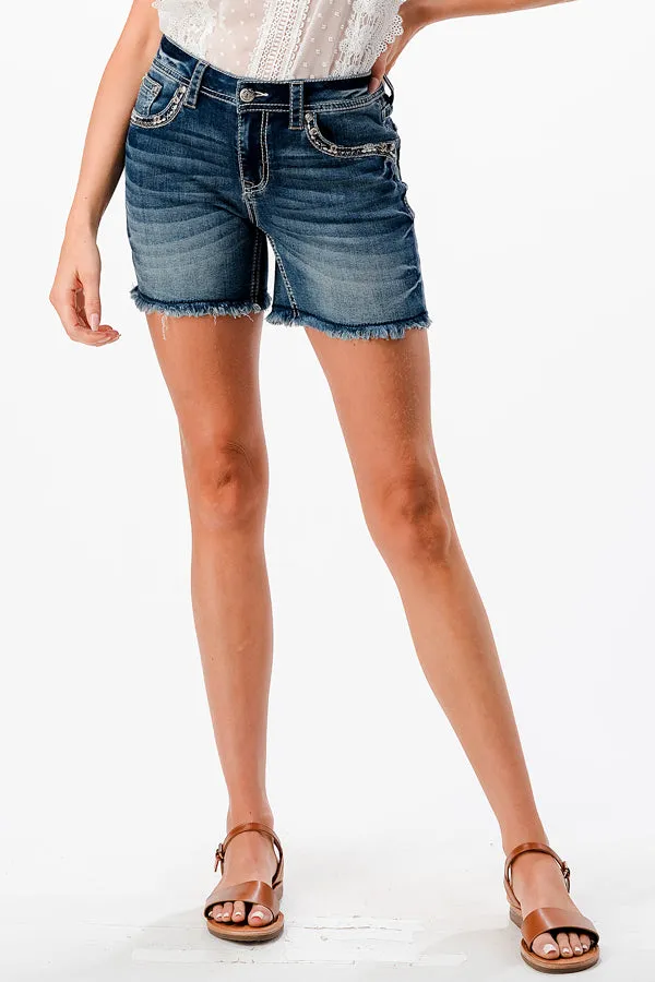 Mid Rise Denim Shorts with 3D Horse Shoe Detail