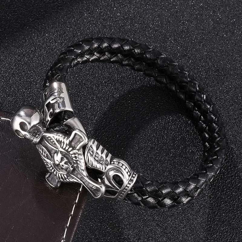 Black Double Braided Leather Bracelet with Cross and Skull Design