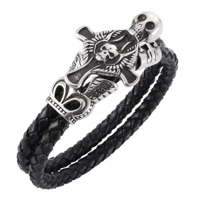 Black Double Braided Leather Bracelet with Cross and Skull Design