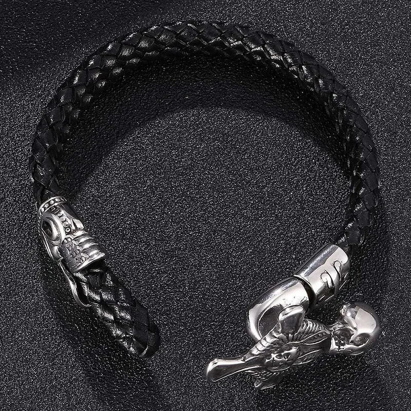 Black Double Braided Leather Bracelet with Cross and Skull Design