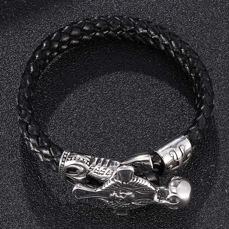 Black Double Braided Leather Bracelet with Cross and Skull Design