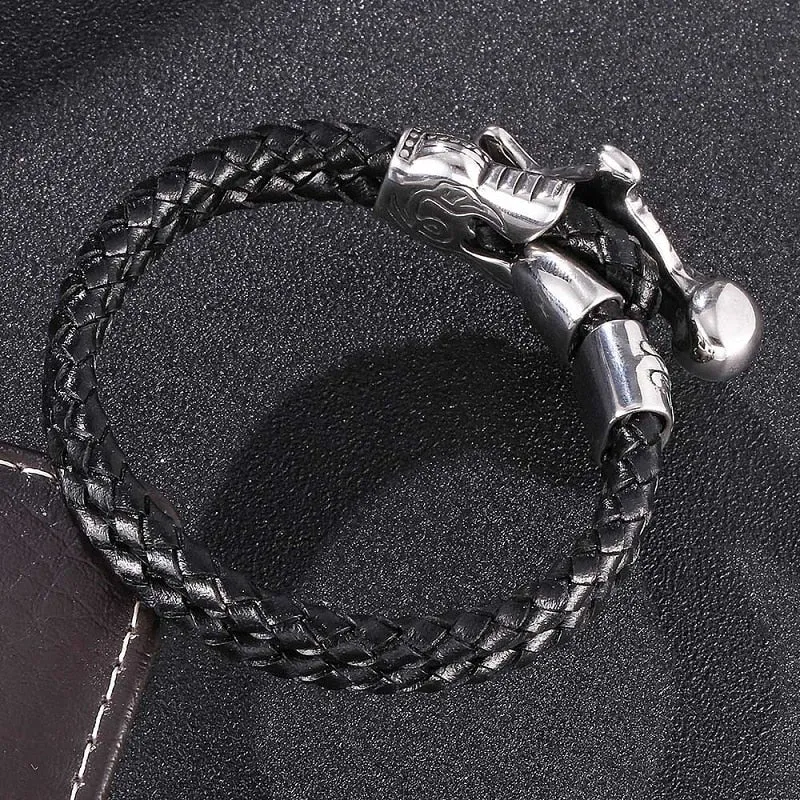 Black Double Braided Leather Bracelet with Cross and Skull Design