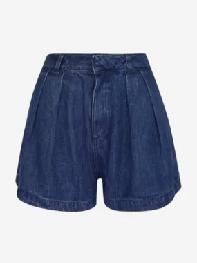 The New Society - Pleated Denim Shorts with Concealed Closure