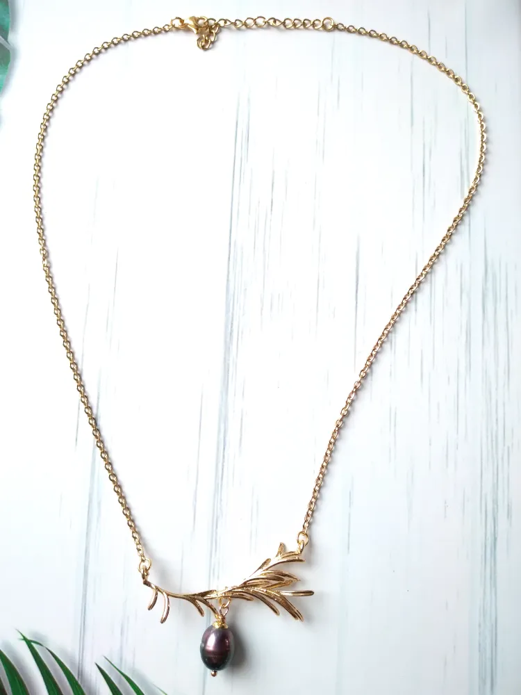 Feather and Black Pearl Collarbone Necklace