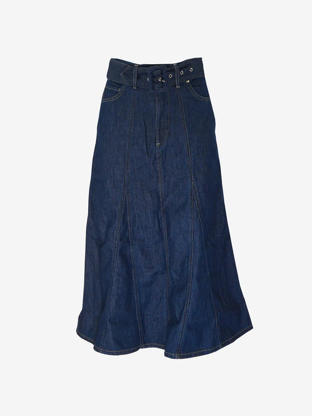 Long Flared Denim Skirt in Dakota Model