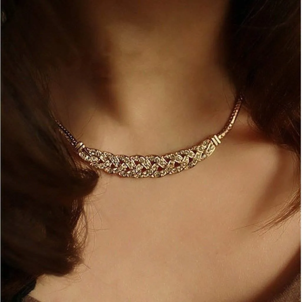 Braided Collar Necklace with Gold and Crystal Details