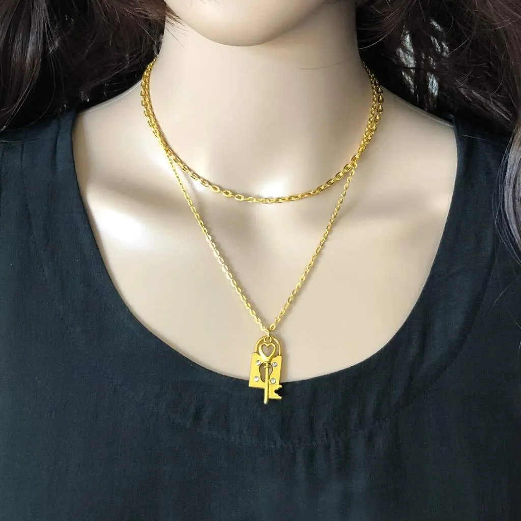 Gold Key Lock Necklace